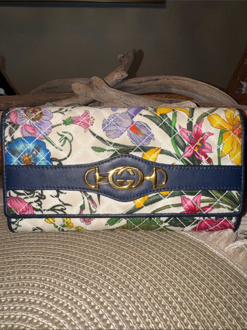 Gucci Floral Quilted Clutch with Navy Trim and Gold Hardware